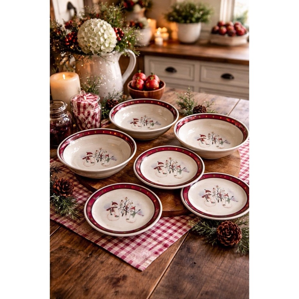 Royal Seasons Snowman Stoneware 6 Pc Set, 3 Bowls 3 Salad Plates Christmas‎